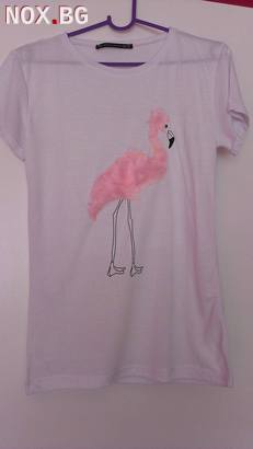 Дамска бяла 3D тениска ZARA с фламинго къс ръкав | Дамски Тениски | Велико Търново