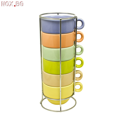 Комплект от 6 броя керамични чаши за кафе на метална стойка | Дом и Градина | Добрич