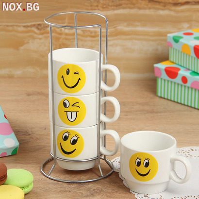 Комплект керамични чаши за кафе на метална стойка Усмивки | Дом и Градина | Добрич