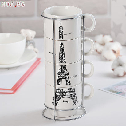 Комплект керамични чаши за кафе на метална стойка Айфелова | Други | Добрич