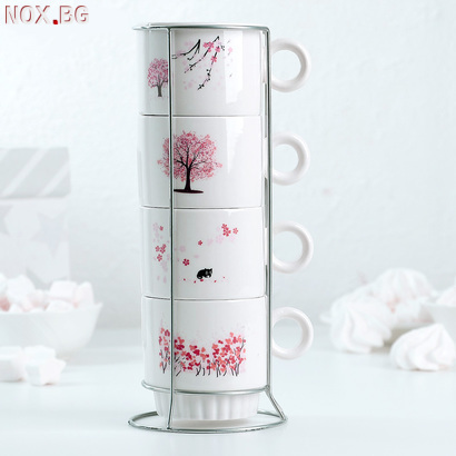 1913 Комплект керамични чаши на метална стойка Розова пролет | Дом и Градина | Добрич